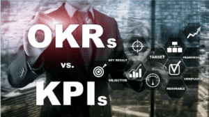 OKR vs. KPI on colored background