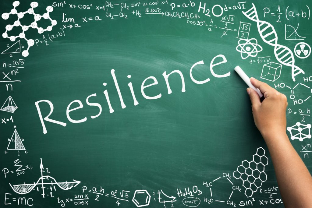 The word "resilience" on a chalkboard surrounded by scientific symbols and graphics