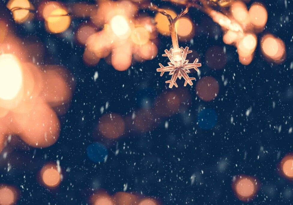 Christmas snowflakes lights with falling snow, snowflakes, Winte