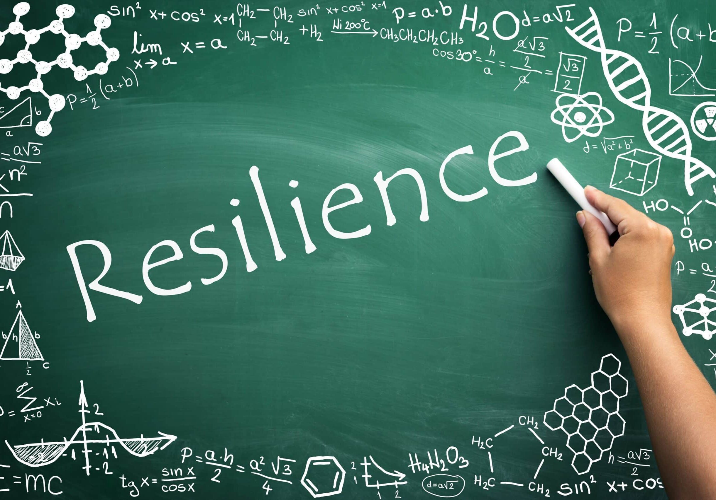 The word "resilience" on a chalkboard surrounded by scientific symbols and graphics